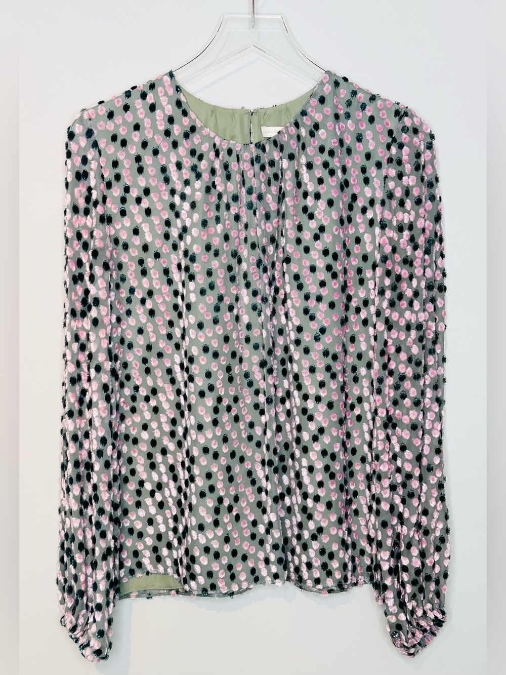 Ann Mashburn Mint Green Silk Blend Blouse with Pink Green Velvet Dots Print Top